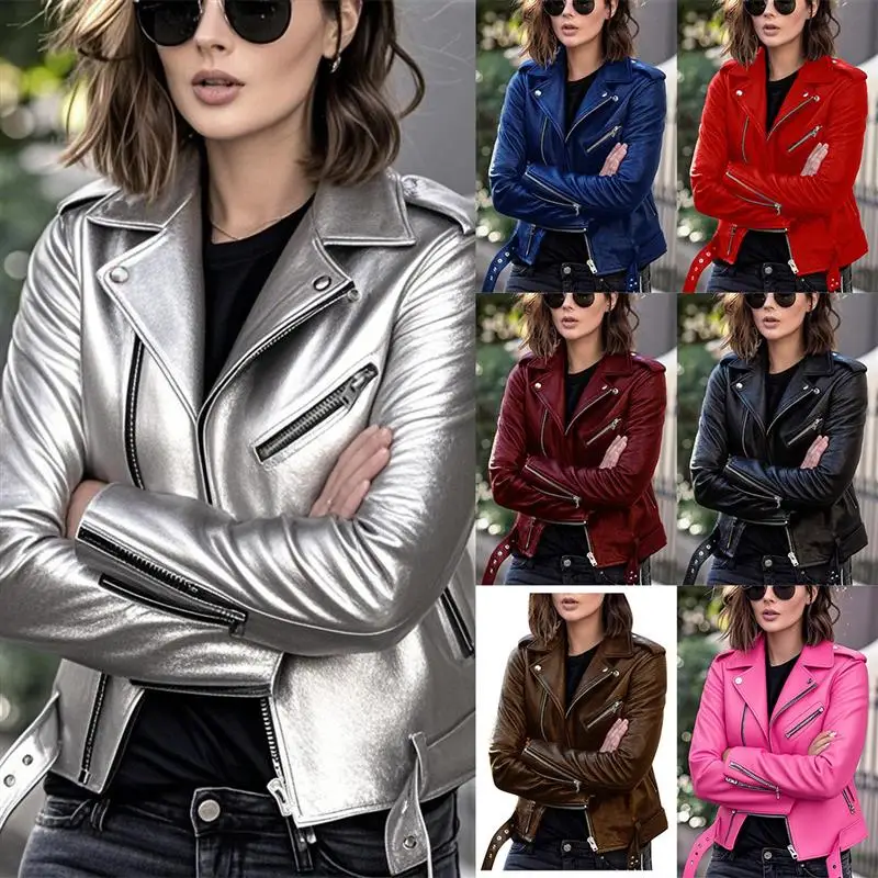 Jaqueta Feminina de Couro PU Estilo Biker Slim Fit para Primavera, Outono e Inverno, Casaco Punk Fashion com Forro Longo