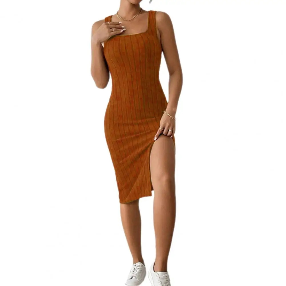 

Summer Tank Dress Women Sexy Square Neck Skinny Elastic High Side Split Sheath Thread Solid Color Club Party Midi Dress