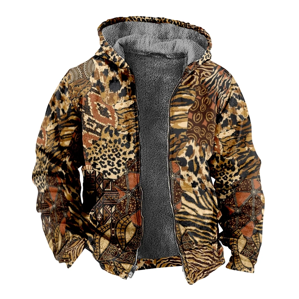 Autumn Winter Fleece Zip Up Hoodies Patchwork Leopard Digital Print Men Parka Coats Jackets Outerwear Sweatshirts Clothing