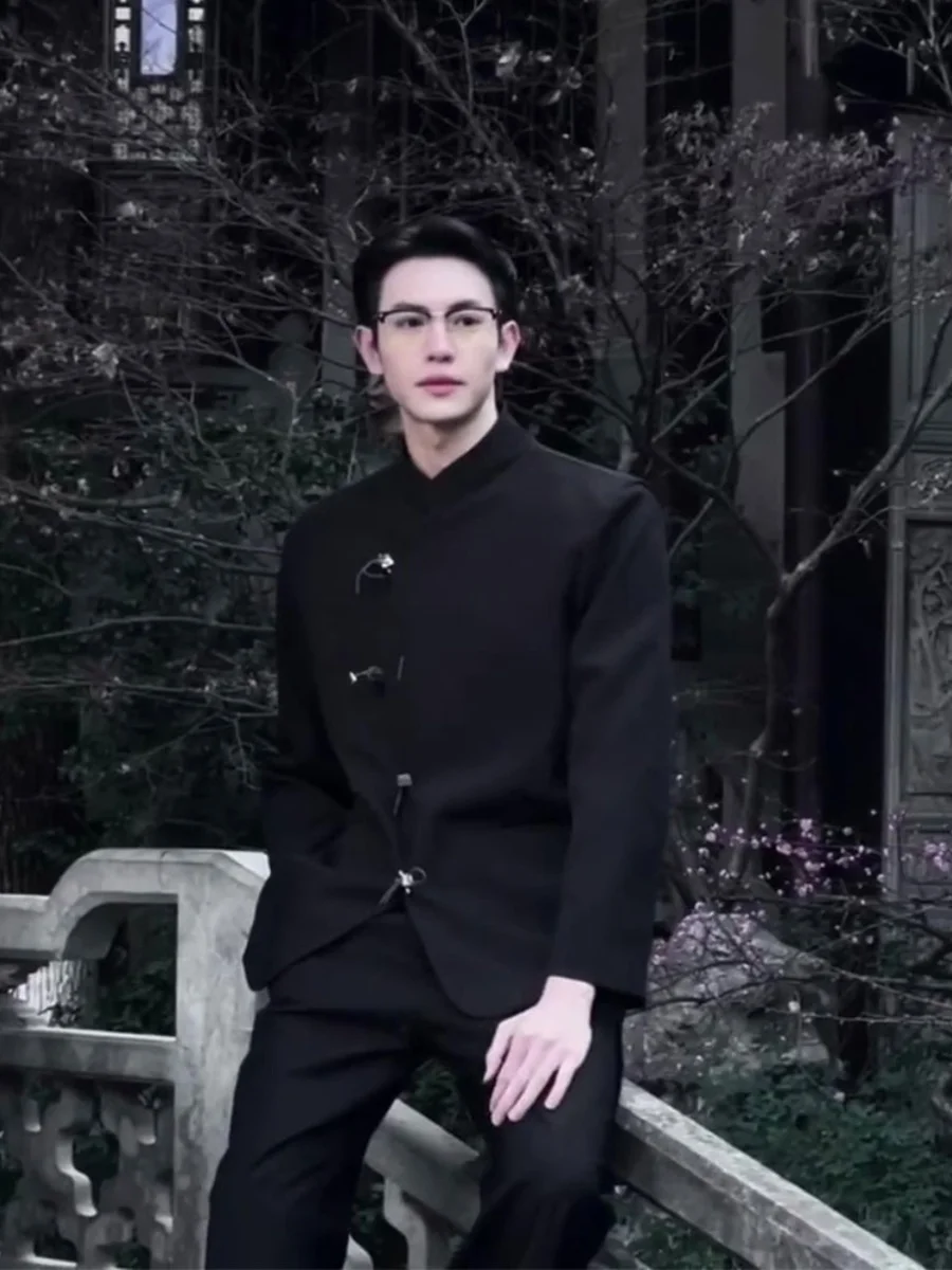 

New Chinese Sle Men's Casual Suit Jaet Autumn Winter Student Youth Tang Costume Loose Fit Anti-Wrinkle Polyester Fiber