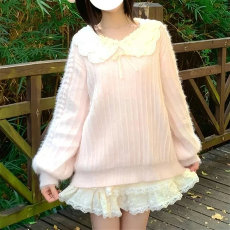 

Sweet Pink Peter Pan Collar Patchwork Sweater Women Korean Style Vintage Wear Knit Top 2025 Autumn and Winter Pullover Cute Bow