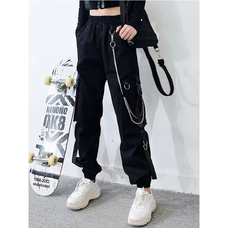 Women's Black Cargo Pants Korean Fashion Streetwear Casual Loose Sweatpants Elastic Waist Hip-hop Straight Overalls Autumn