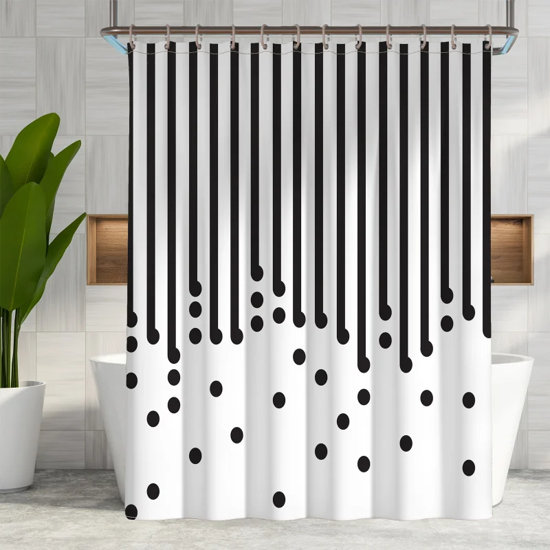 1pcFabric Shower Curtain with Hook，Bathroom Black and White Shower Curtain，Modern Black Striped Pattern Curtain，Summer Bathroom