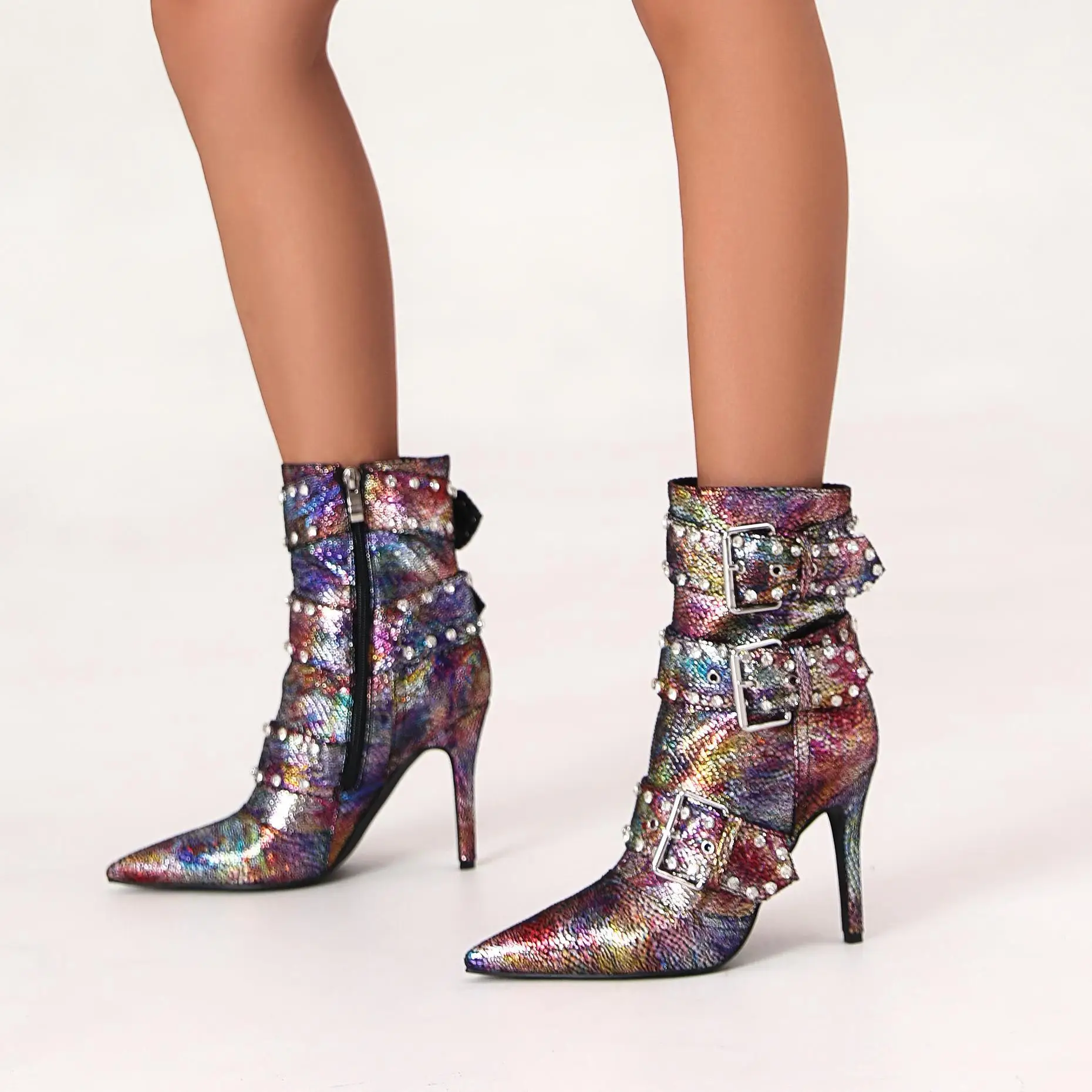 

Patchwork Serpentine Rhinestone Pointed Toe Mid-Calf Women Boots Stiletto High Heels Side Zipper Design Large Size Shoes