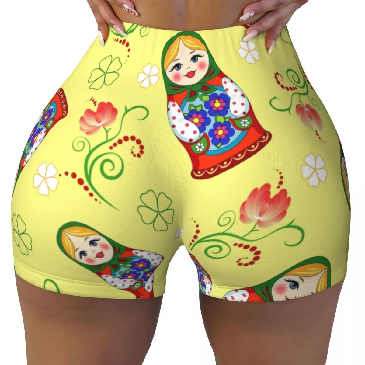 Custom Women Russian Doll MatryoshkaAnd Flowers Pattern Workout Yoga Shorts Gym Athletic Volleyball Biker Shorts