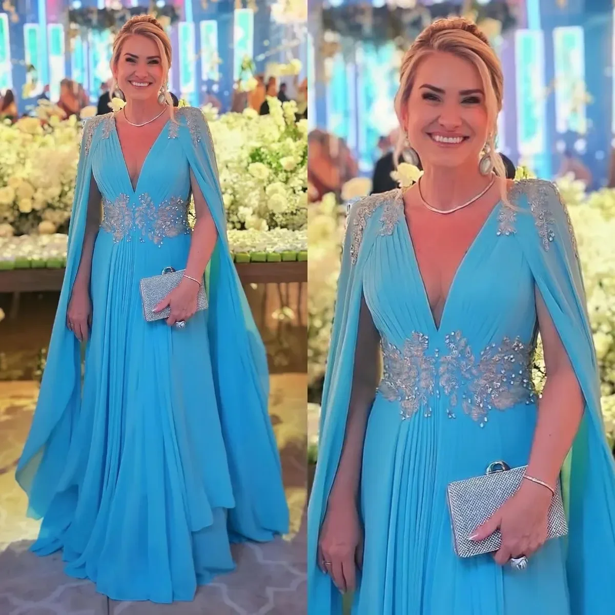 Maßgeschneiderte elegante blaue Kleider für die Brautmutter mit Umhang, V-Ausschnitt, Hochzeitsgastkleid, lange Abendkleider mit Perlenapplikationen