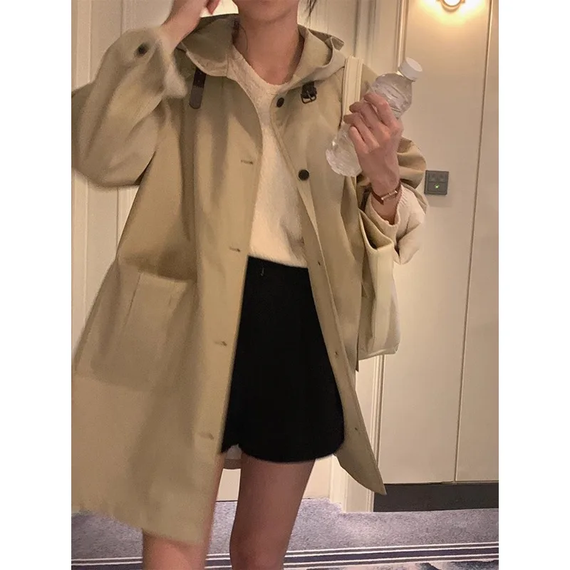 

SuperAen Autumn New French Style Lapel Collar Loose Pocket Hooded Trench Coat for Women Single Breasted A-line Coats