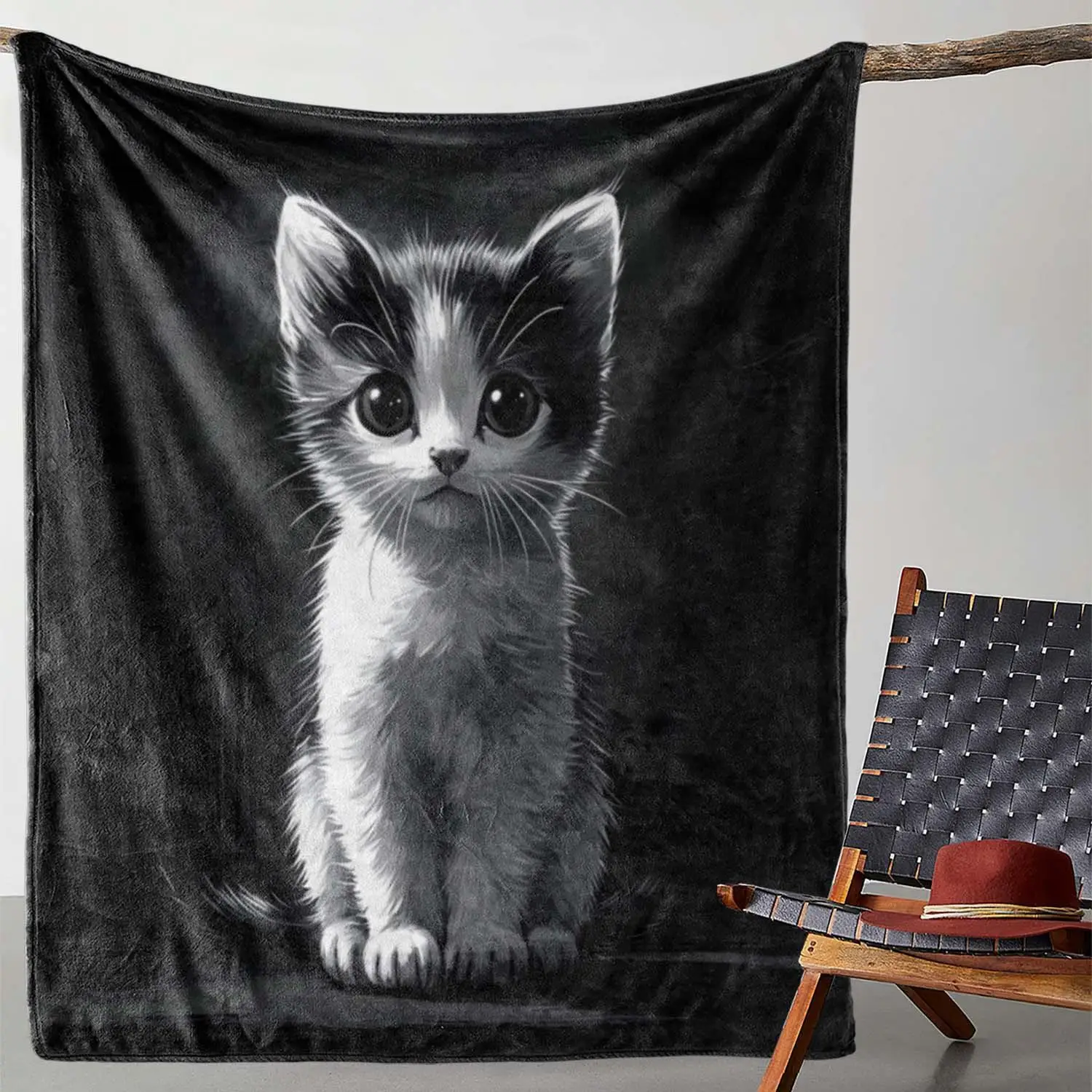 Cute Kitten Portrait Throw Blanket Tapestry Nursery Home Decor Wall Art Pet Lover Gift Black Cat 150x200cm