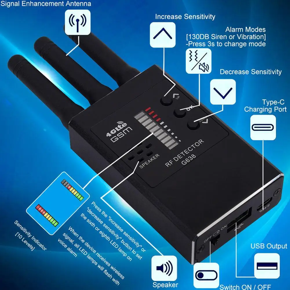 Câmera sem fio Ouvir Dispositivo, Anti Spy RF Signal, Detecção de Bug GSM, GPS Tracker, Versão Professional, G638