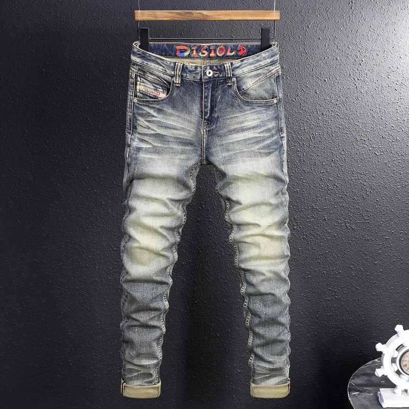 

Мужские джинсы Y2K в стиле ретро, высококачественные, синие, стрейч, зауженные, рваные, с вышивкой, винтажные джинсовые брюки