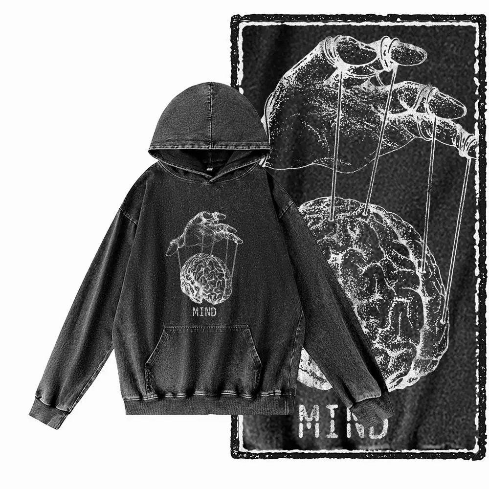 G58 Acid Washed Black Cotton Vintage Creative  Graphic Men Hoodies |  Streetwear Big Size Cool O-neck men's Hoodie