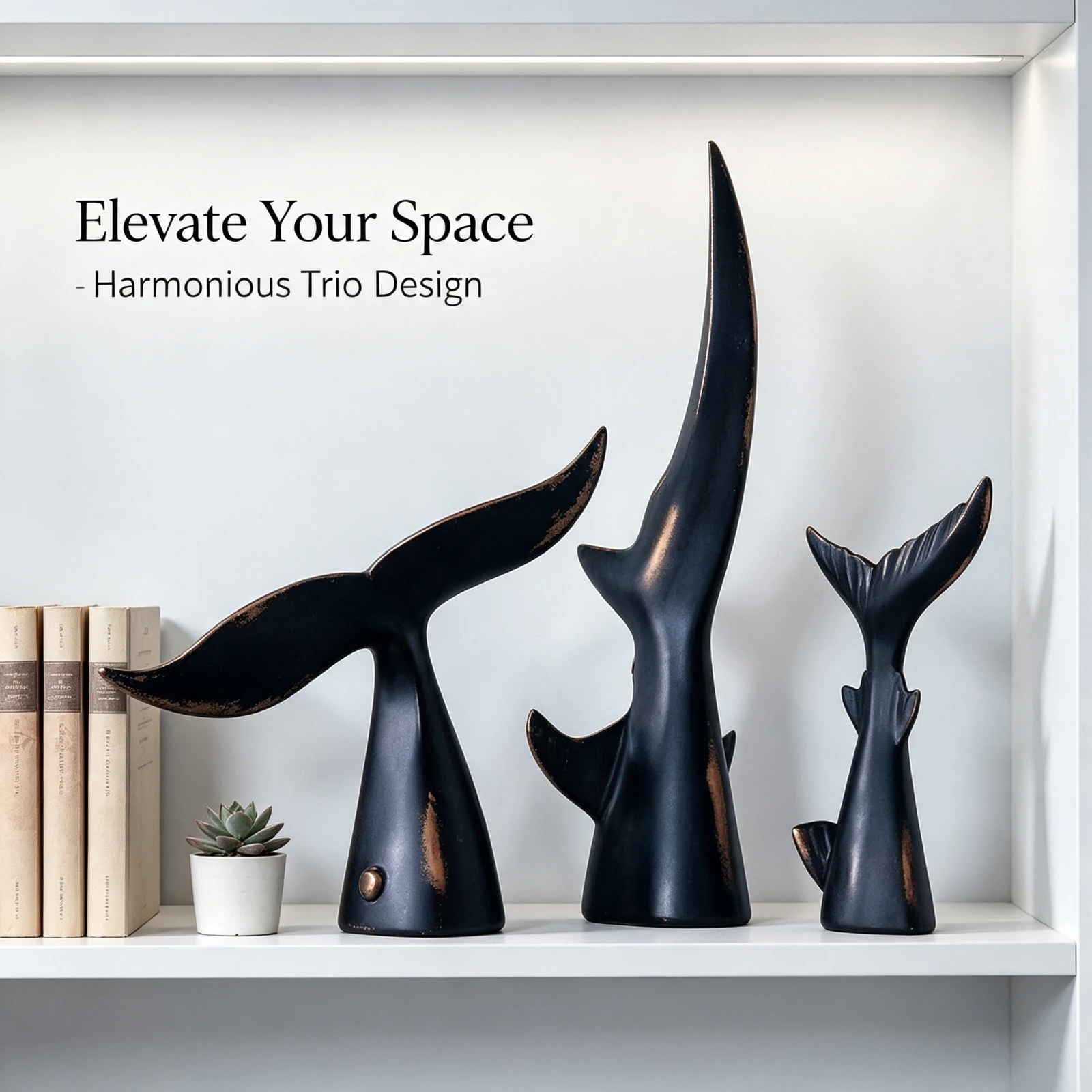 Black Resin Whale Tail, Sculpture Set Abstract Fish Fin, Statue Modern Home Decor Living, Room Bookend Shelf Ornament Gift