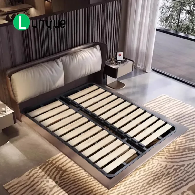Luxury Leather Bed Two Tone Headboard Floating Base Modern Upholstered Platform Bed Frame for Stylish Bedroom Hotel Furniture