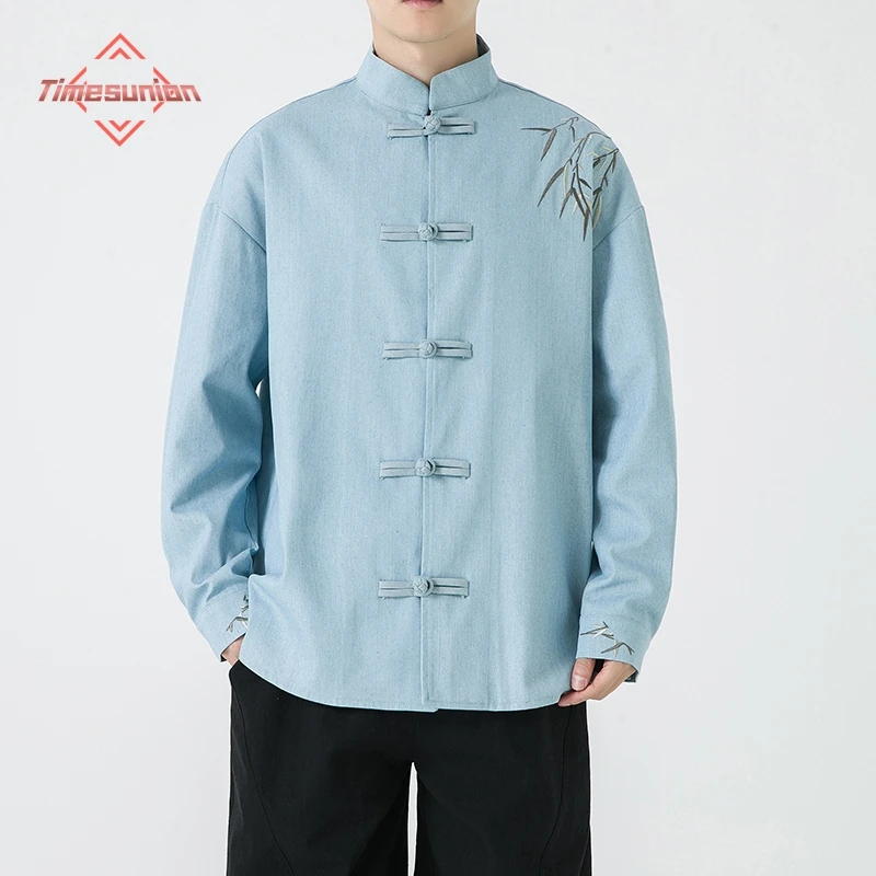 Men's Chinese Style Tang Suit Denim Shirt Retro Oriental Traditional Tai Chi Uniform Embroidery Buckle Chinese Jacket Coat