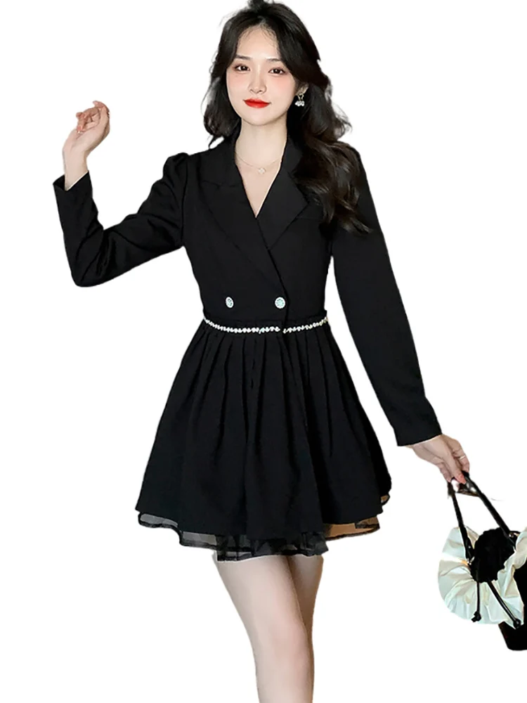 Imagem -06 - Mini Vestido de Manga Comprida com Decote em v Feminino Preto Vintage Coreano Hepburn Elegante Casual Escritório Lady Outono Inverno Terno 2023