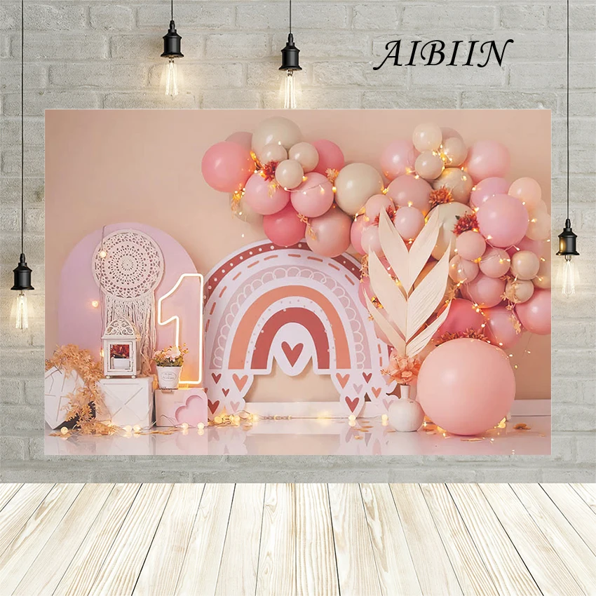 AIBIIN 7x5ft Pink Girl 1st Birthday Photography Background Bohemia Theme Balloons Rainbow Child Portrait Photo Studio Props