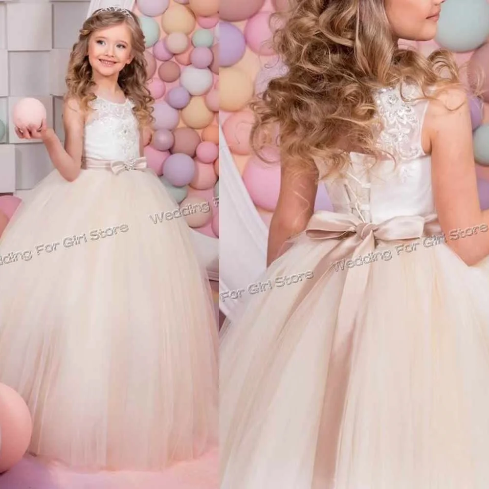 

Lace Tulle Sleeveless Beads Bow Belt Flower Girl Dress Wedding Flower Child Birthday First Communion Kids Gowns