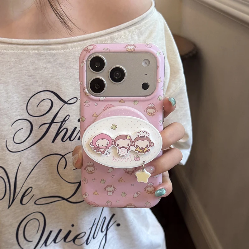 Милый мультяшный магнитный чехол с обезьянкой для iPhone 17 Pro 16 15 14 Pro Max с подставкой MagSafe и милым держателем, корейский дизайн