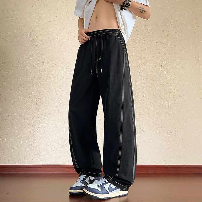 Men Drawstring Elastic Waist Baggy Pants Contrast Stitching Loose Wide Leg Straight Casual Street Trousers