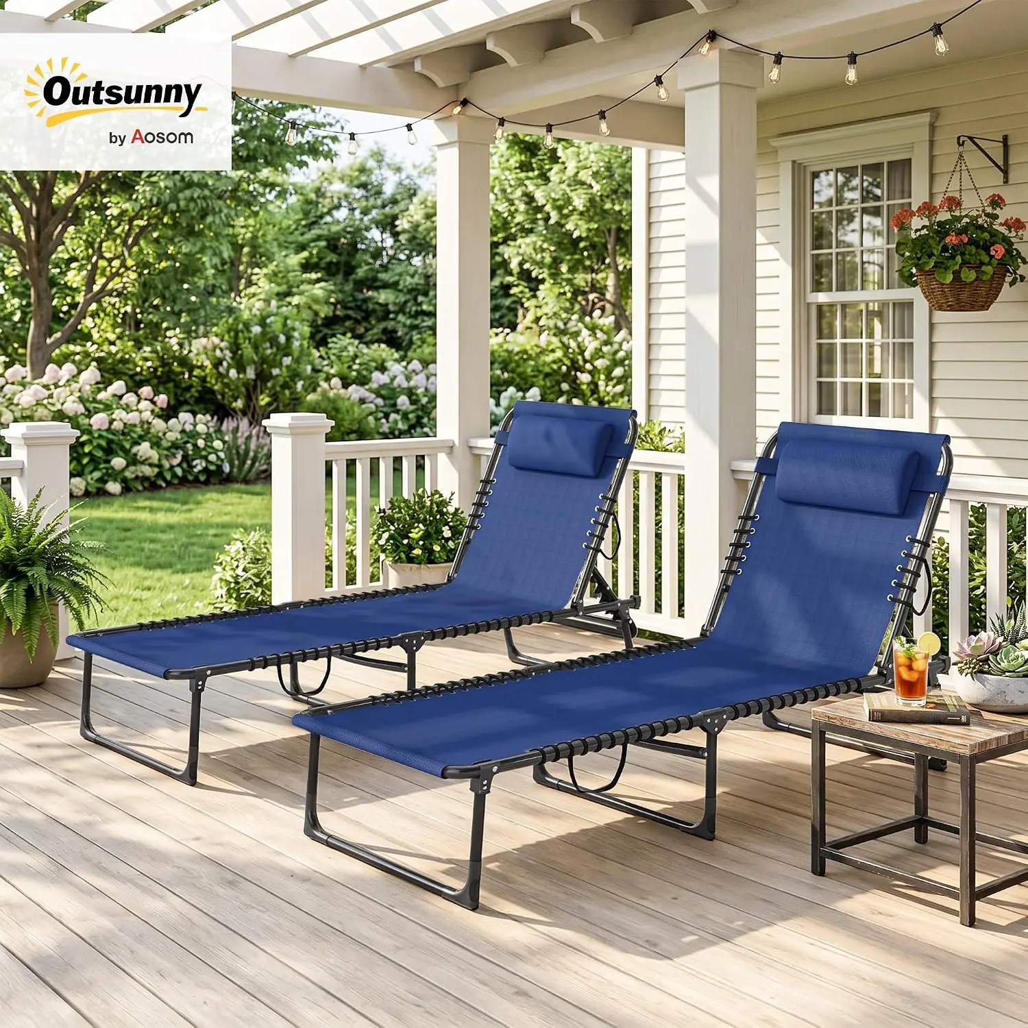 Folding Outdoor Chaise Lounge Chair Set of 2 Mesh Blue, Customized
