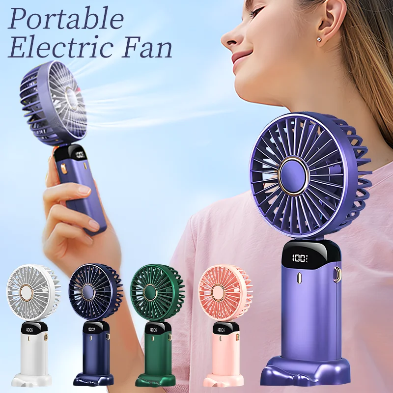 Ventilador portátil recargable por USB, miniventilador de mano plegable para colgar en el cuello, ventilador para exteriores de 5 velocidades con soporte para teléfono y pantalla de visualización