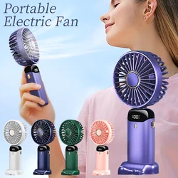 Ventilador portátil recargable por USB, miniventilador de mano plegable para colgar en el cuello, 5 velocidades, con soporte para teléfono y pantalla de visualización