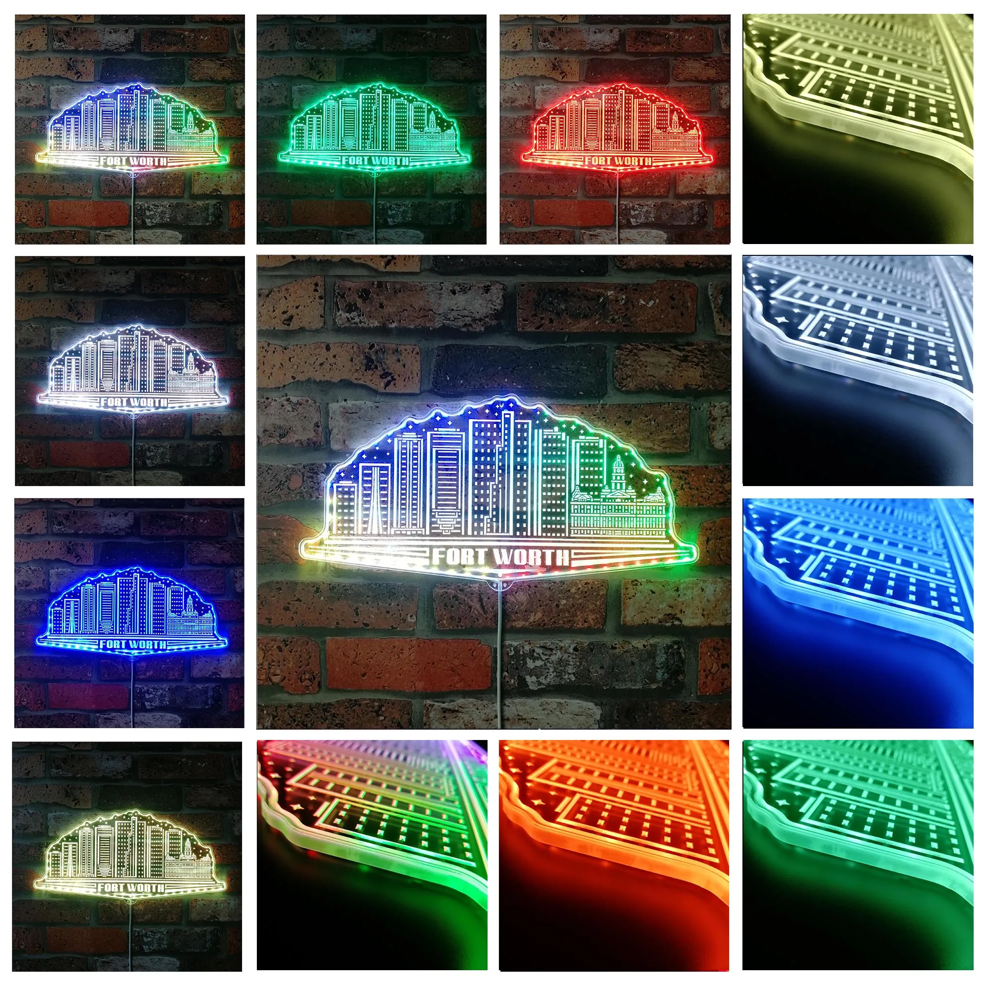 Fort Worth Texas USA Skyline Silhouette RGB Dynamic Glam LED Sign st06-fnd-i0115