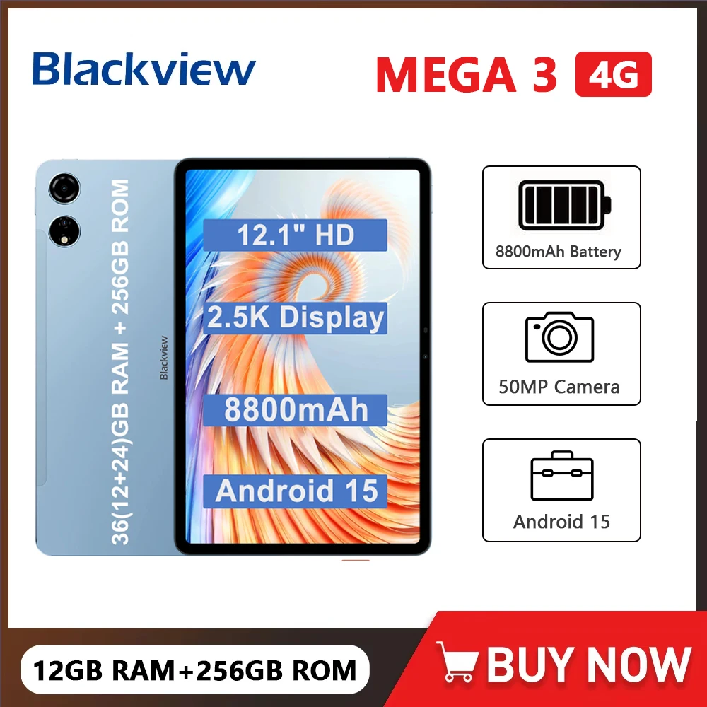 Blackview MEGA 3 Tablet 12.1Inch 2.5K 90Hz Display 12GB 256GB 8800mAh Tablets PC Android 15 33W Fast Charging 50MP Smart Pad