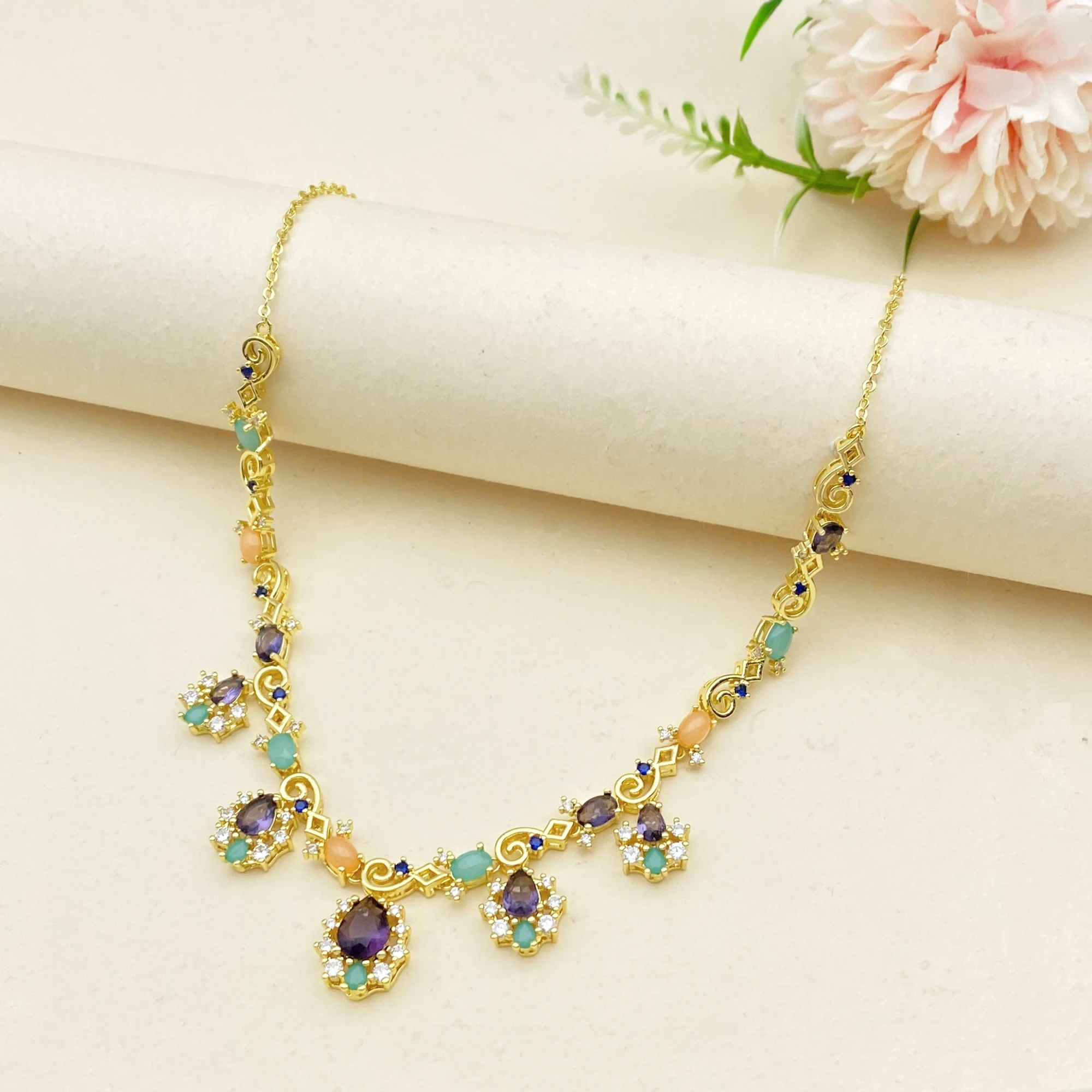 Flora 4pcs Gold Plated Copper Zircon Jewelry Set for Women Elegant Necklace Earrings Ring Bracelet Accessory for Daily Wear