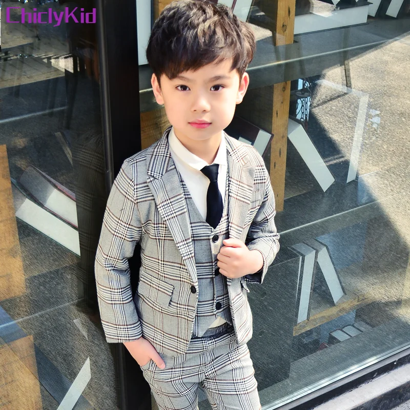 Boys Plaid Suit Jacket Kids Formal Tuxedo Dress 3 Pcs Clothes Sets Child Wedding Party Ring Bearer Blazer Pant Costumes Outfits