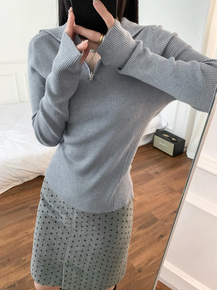 Gray or Black Women Rib Knit Sweater Stretch Slim Fit Long Sleeve Turn-Down Collar Lady Half Zipper Knitwear Pullover