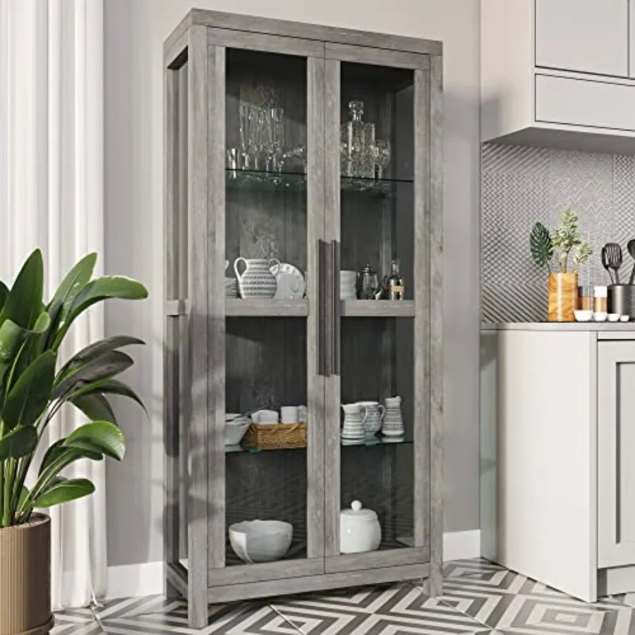 68 Avalon Glass Display Cabinet for living room - Gray Wash wood finish, tempered glass doors, modern minimalist design view 2