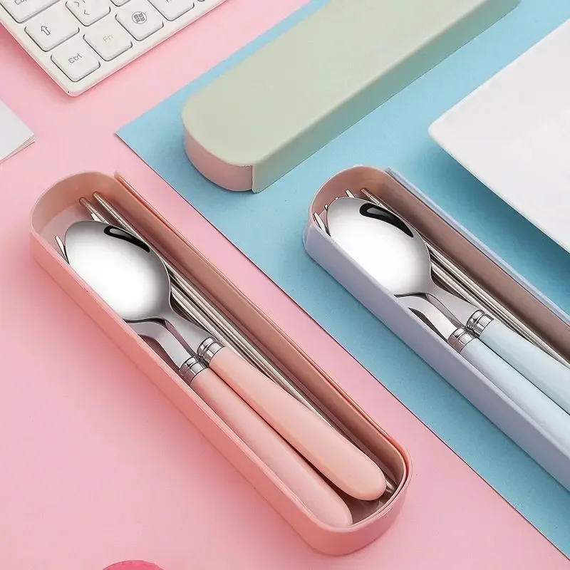 410 Stainless Steel Chopsticks Tableware Portable Fork Spoon Student Office Worker Three-piece Cute Storage Box cutlery set