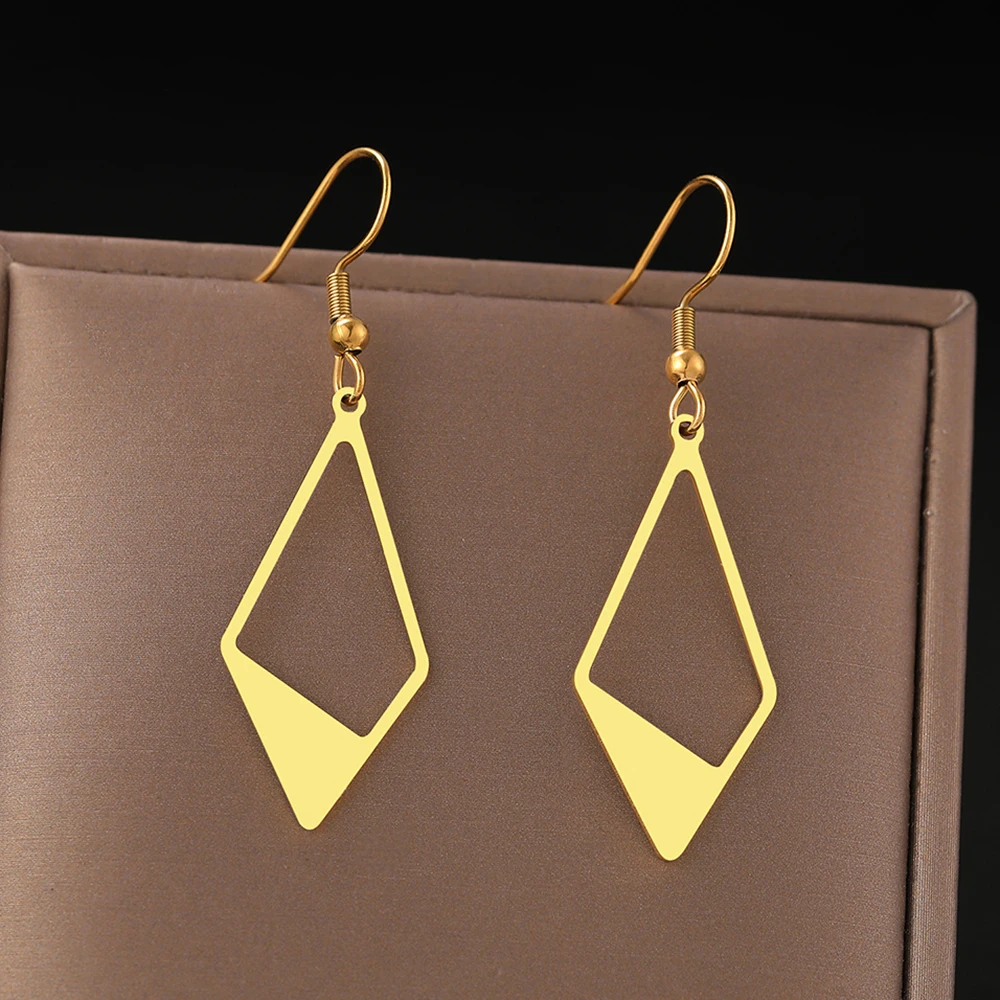 Stainless Steel Earrings Elegant Geometric Rhombus Fashion Pendant Drop Earrings For Women Jewelry Temperament Girls Daily Wear