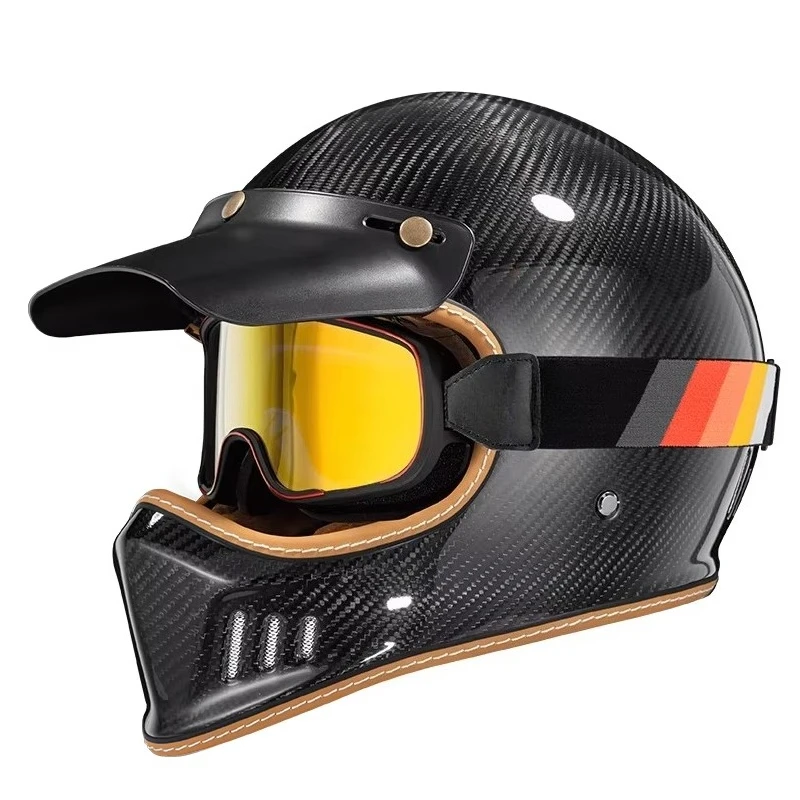 

Винтажный мотоциклетный шлем с сертификацией, мотокроссовый шлем из углеродного волокна, защитный мотошлем с козырьком и визором