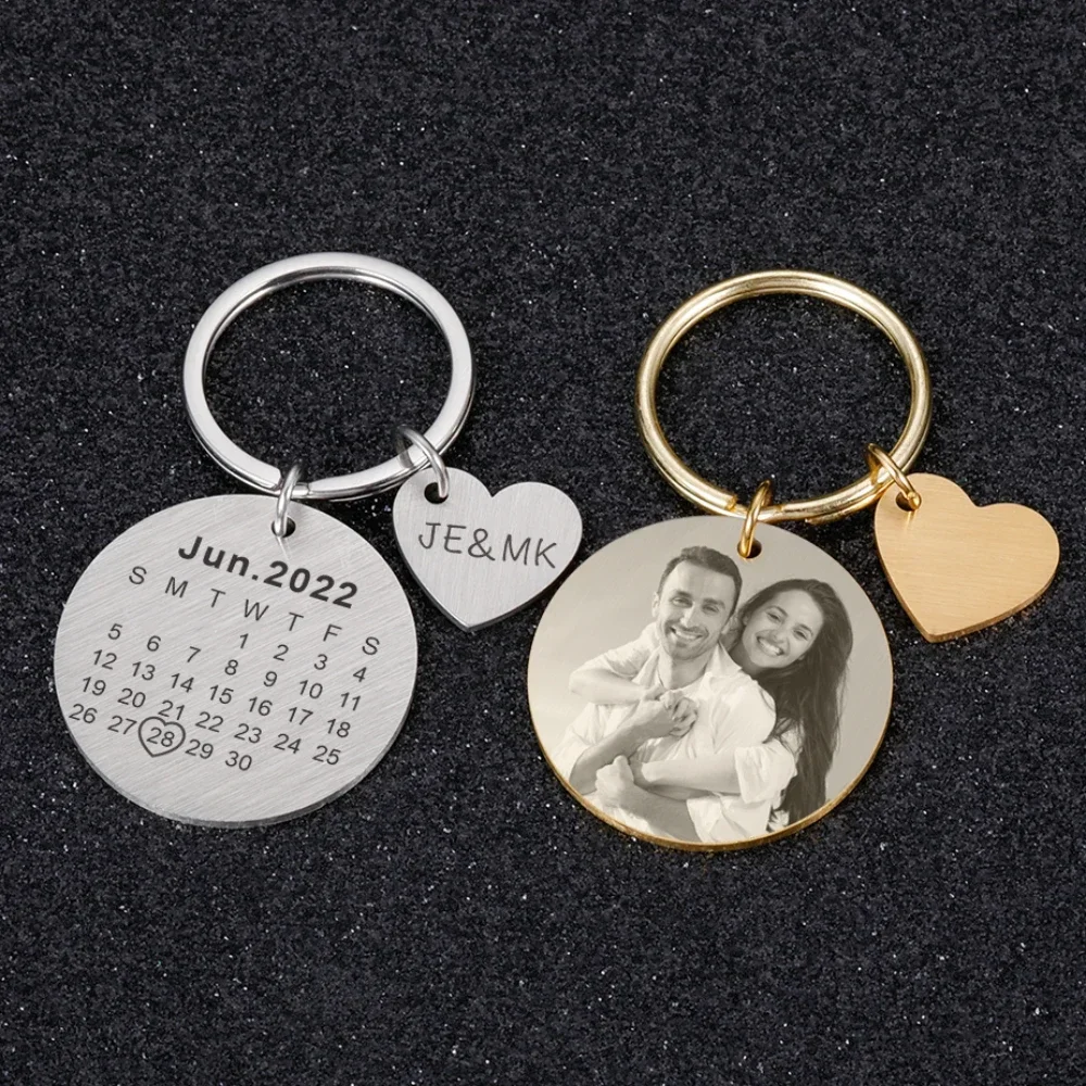 Personalized Couple Keychain Engraved Calendar Custom Photo Letters Key Chain for Boyfriend Girlfriend Wedding Anniversary Gifts