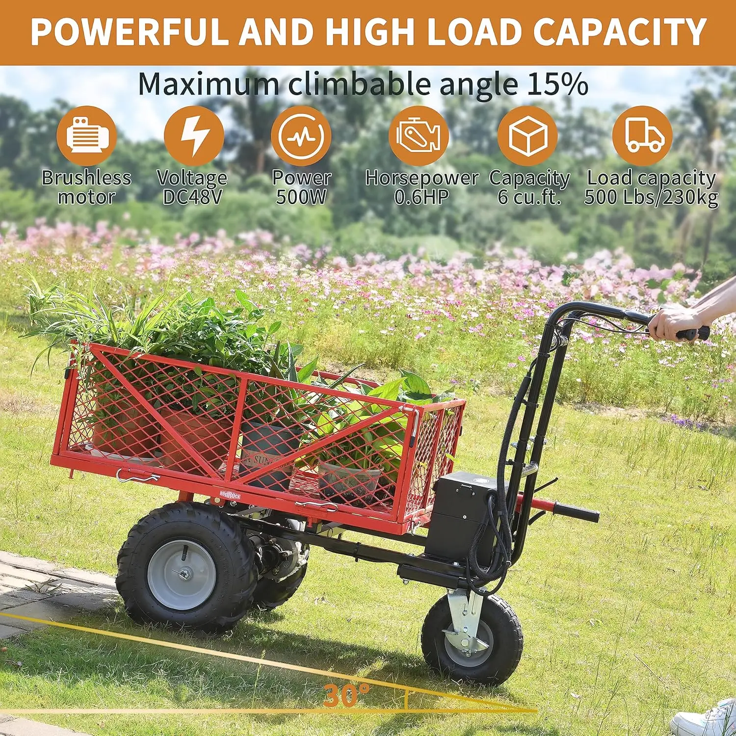 Wheelbarrow Utility Cart, Electric Powered Cart 48V28Ah 500W, Capacity 500Lbs,Max Cubage 6 Cuft, Material Hauler 1000Lbs Towing