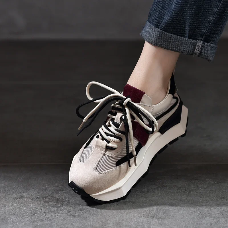 Fujin 4cm Flats Comfy Booties Mixed Color Shoes Air Mesh Leather Pigskin Women Chunky Sneaker Fashion Summer Spring Ankle Boots