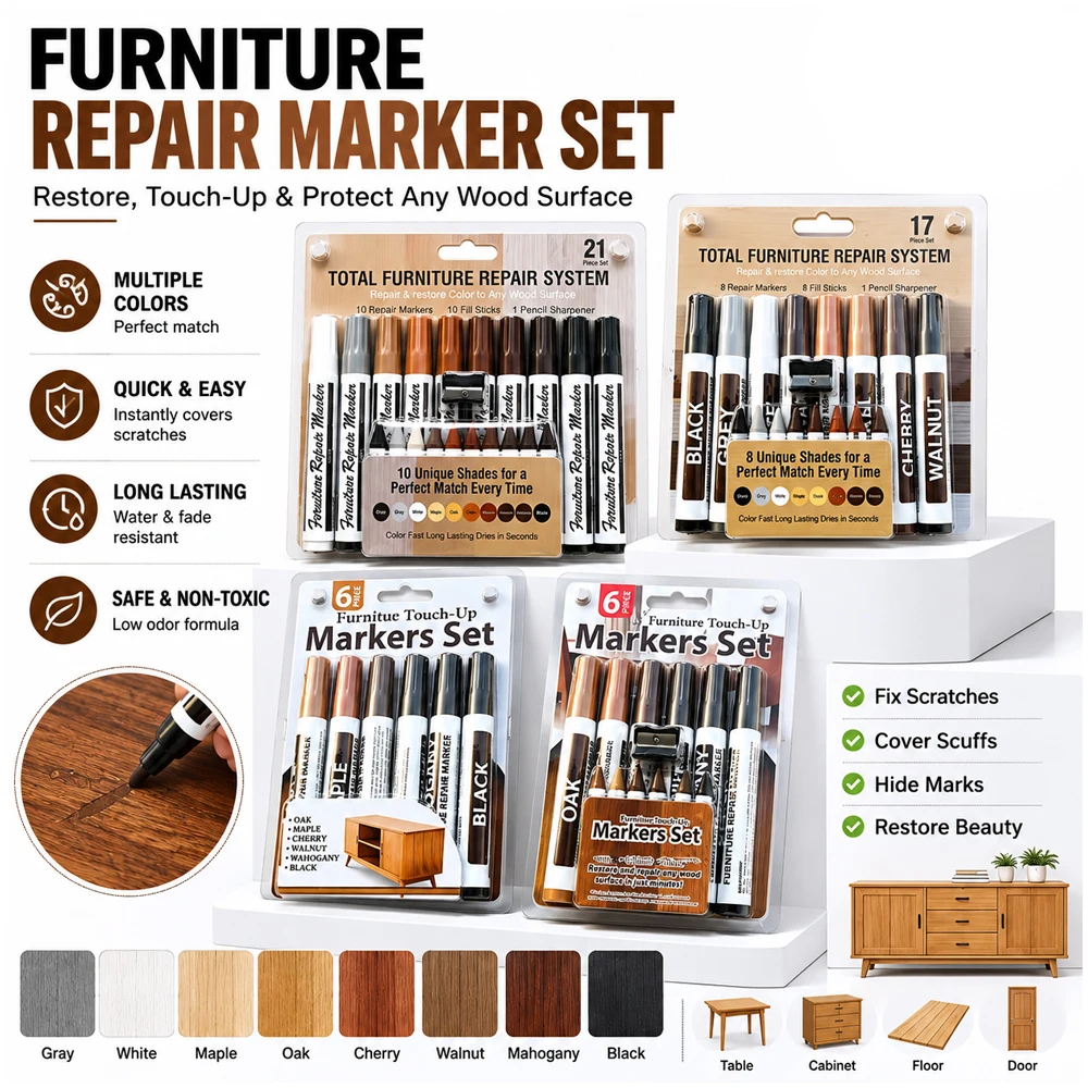 Wooden Furniture Repair Pen Touch Up Markers & Crayon Sharpener Set Wood Scratch Restoration Kit Patch Paint Pen