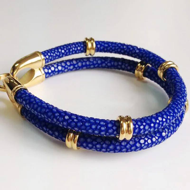 ER Custom  Stainless Steel Bracelet Accessory Wrist Jewelry Two Layer Silver Round with Stingray Leather