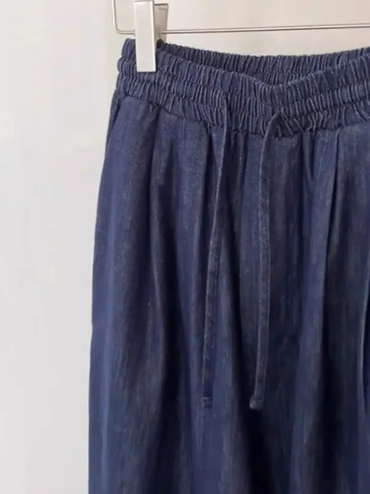 Pantalones de pierna ancha versátiles, pantalones largos informales de cintura alta para ir al trabajo, pantalones vaqueros azules holgados drapeados con cintura elástica