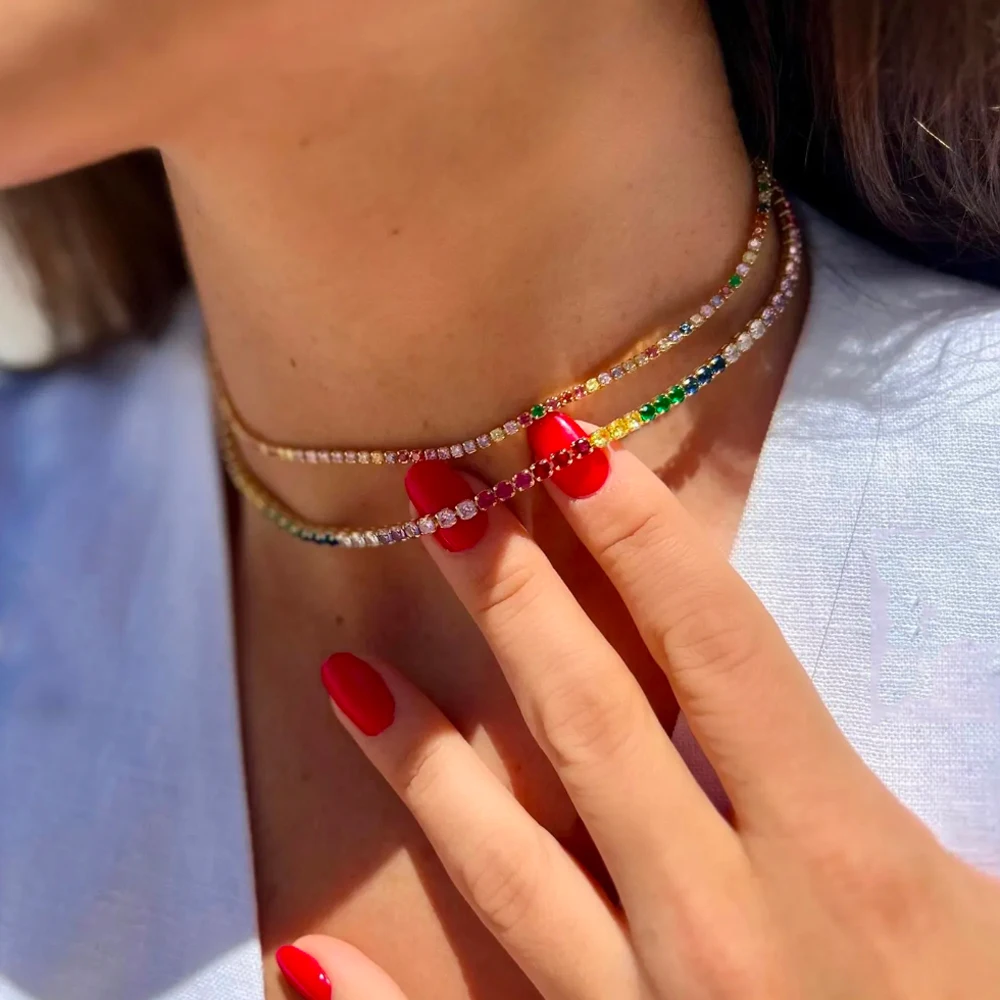 FLOLA Радужное теннисное ожерелье с кристаллами для женщин, медь, циркон, короткая цепочка на шею, колье, позолоченные ювелирные изделия, подарки для вечеринок nkeb461 FLOLA Радужное теннисное ожерелье с кристаллами для женщин, медь, циркон, короткая цепочка на шею, колье, позолоченные ювелирные изделия, подарки для вечеринок nkeb461