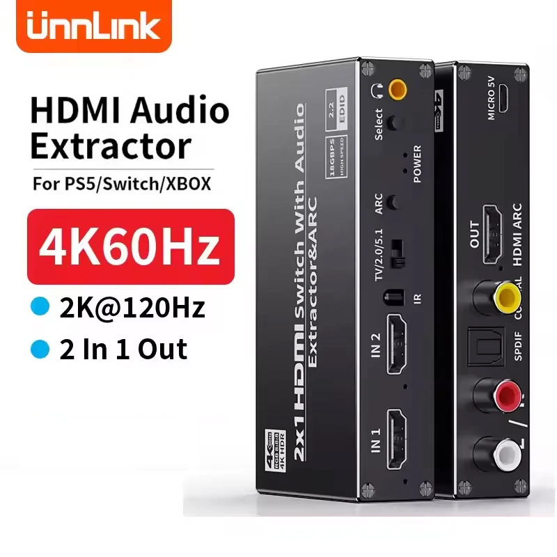 

Unnlink 4K HDMI аудио экстрактор 4K 60 Гц HDMI переключатель разветвитель SPDIF оптический коаксиальный 3,5 мм 2RCA HiFi 5.1 для PS4/5 TV Box