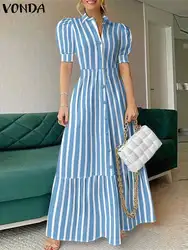 Plus Size VONDA Elegant Striped Shirt Dress Women Summer Sexy Puff Sleeve Lapel Long Maxi Sundress Casual Buttons Office Robe