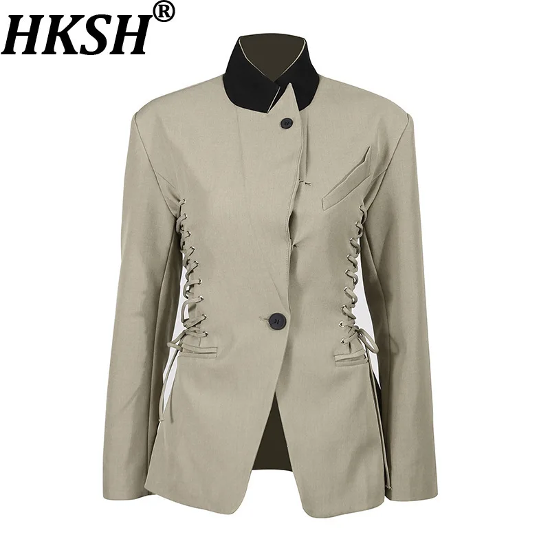 

HKSH Spring Autumn New Women Blazer Color Block Stand Collar Bandage Waist Cinching Slim Fit Elegant Fashion Chic Jacket HK13792