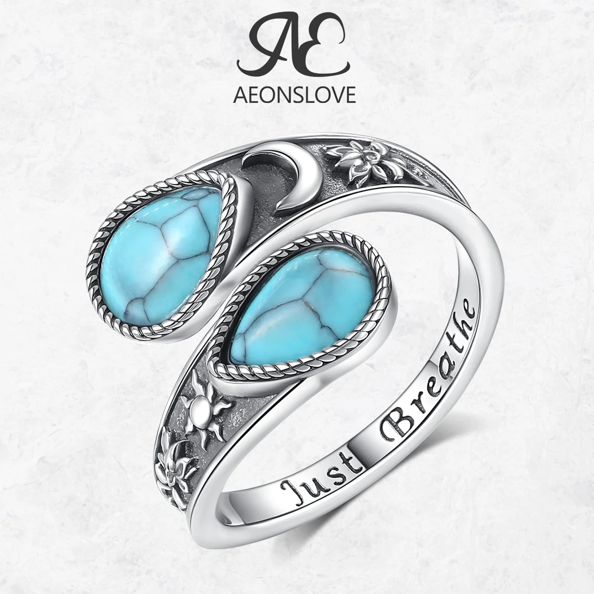 

AEONSLOVE 925 Sterling Silver Turquoise Spoon Adjustable Rings Sun Moon Lotus Just Breathe Rings Healing Jewelry Spiritual Gift
