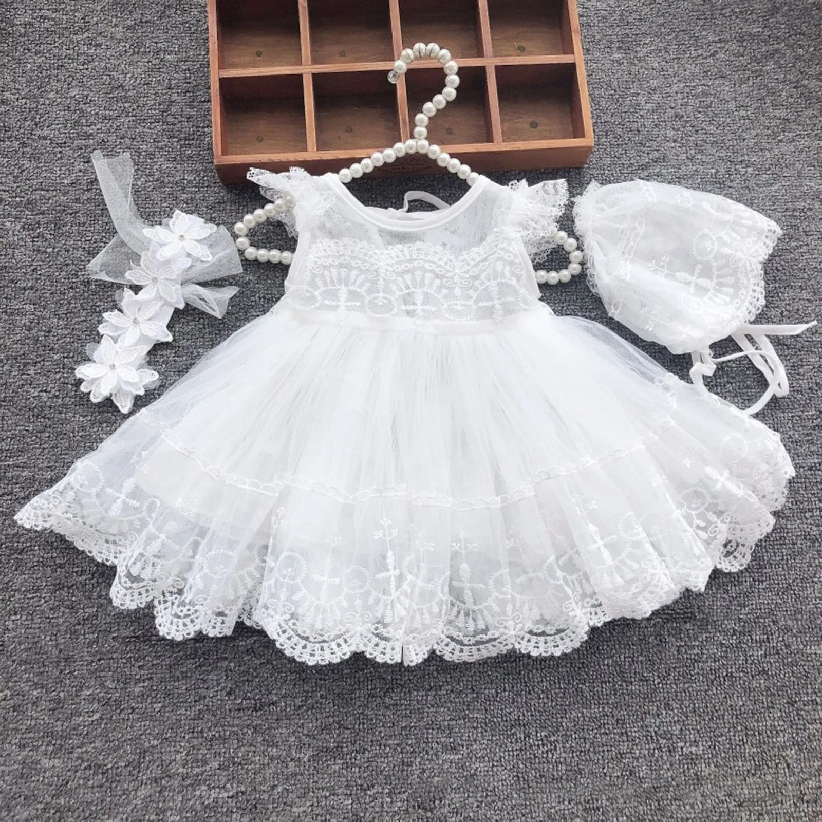 Baby Baptism Dress Newborn Wedding 1st Birthday Party Baby Girl Dress Lace Princess White Infant Baby Christening Gowns With Hat