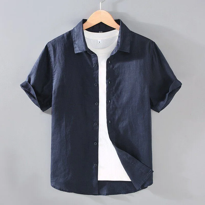 Summer Thin Cotton Linen Short Sleeve Shirt Jacket Men's Casual Fashion Urban Style Spring Youth Regular Fit No Pocket Embell...