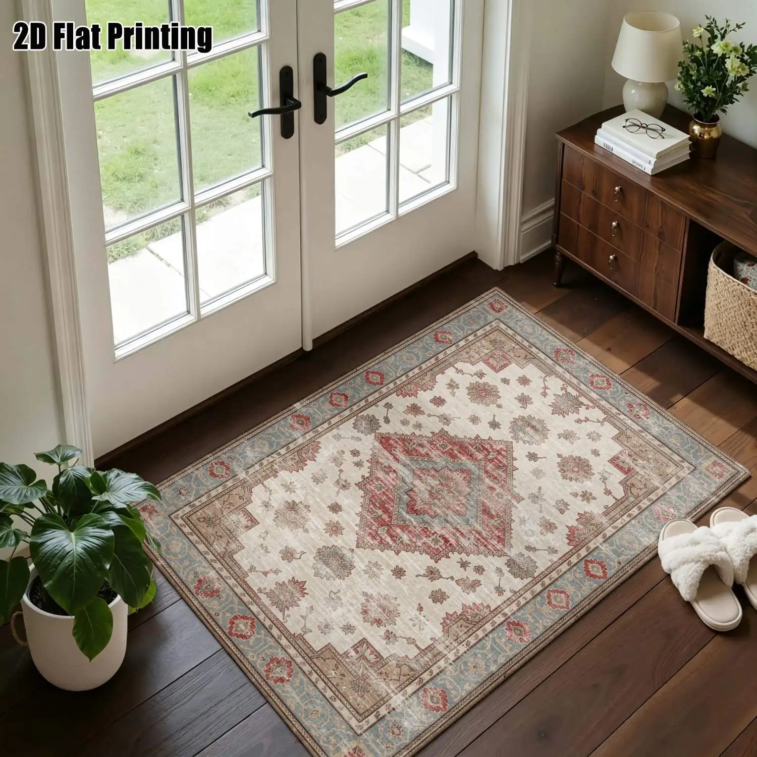 1Pc 2D Printed Carpet, Black Base Gold Floral Pattern, European Retro Luxury Style, Home Decor, Multi-Size Machine Washable, Multi-Scene Use