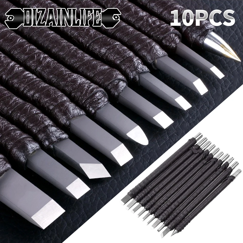 Professional 10Pcs Tungsten Steel Stone Carving Kit Hand Tools Set Chisel Woodworking Engraving Cutting Blade for Stone Seal